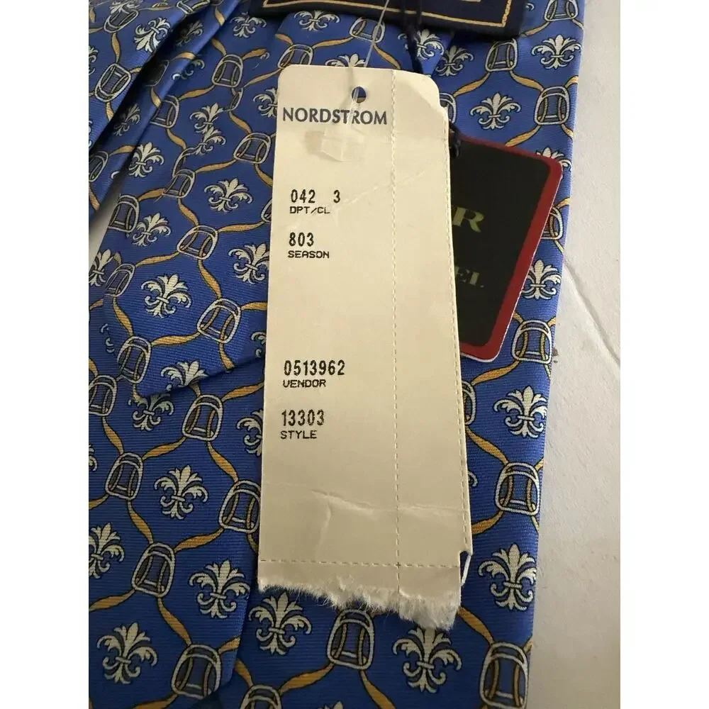 NWT Richel Blue 100% Pure Silk Hand Made In Spain Fleur De Lis Print Gold
